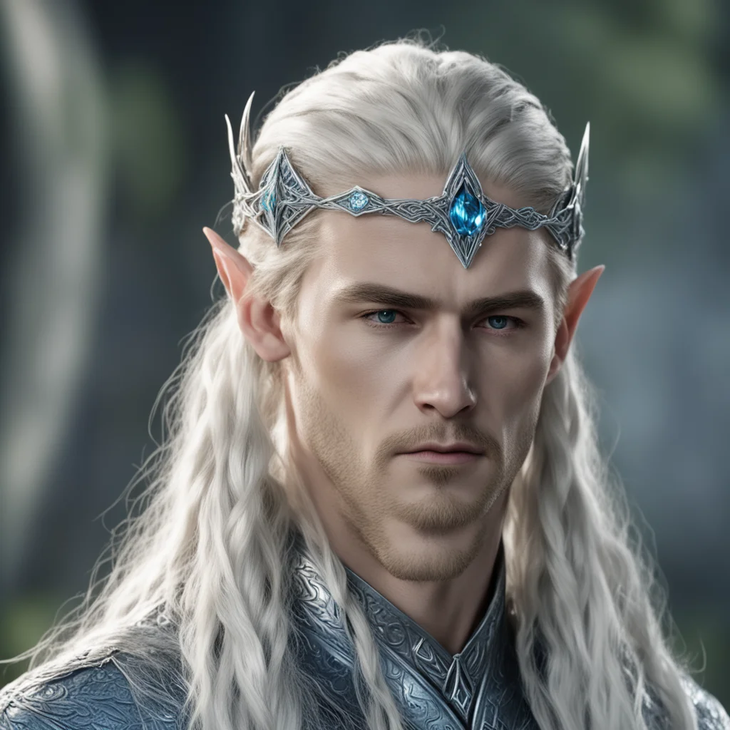 aiking thranduil with blond hair and braids wearing small silver elvish circlet with center bluish diamond amazing awesome portrait 2