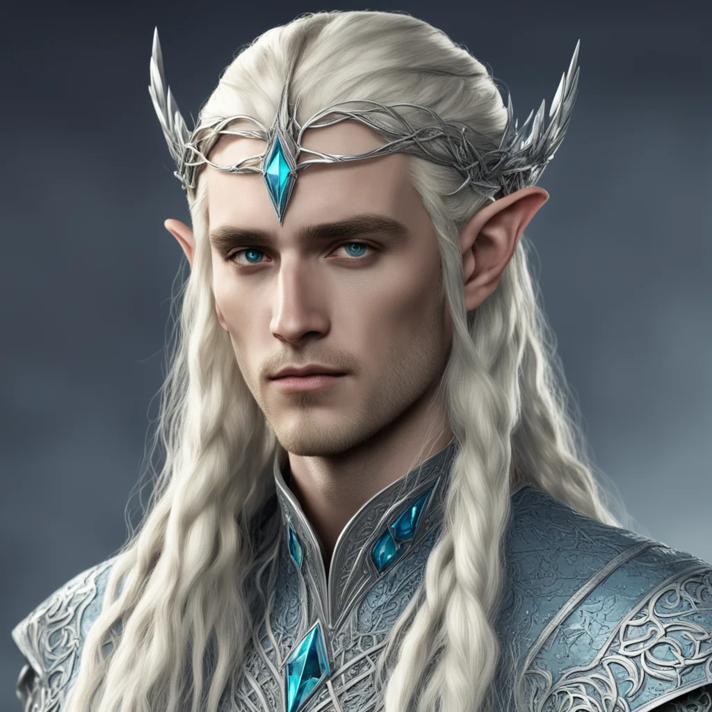 aiking thranduil with blond hair and braids wearing small silver elvish circlet with center bluish diamond confident engaging wow artstation art 3