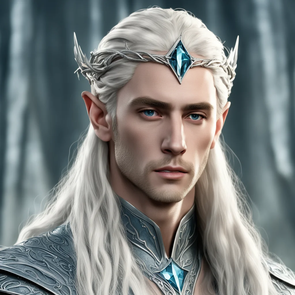 aiking thranduil with blond hair and braids wearing small silver elvish circlet with center bluish diamond good looking trending fantastic 1