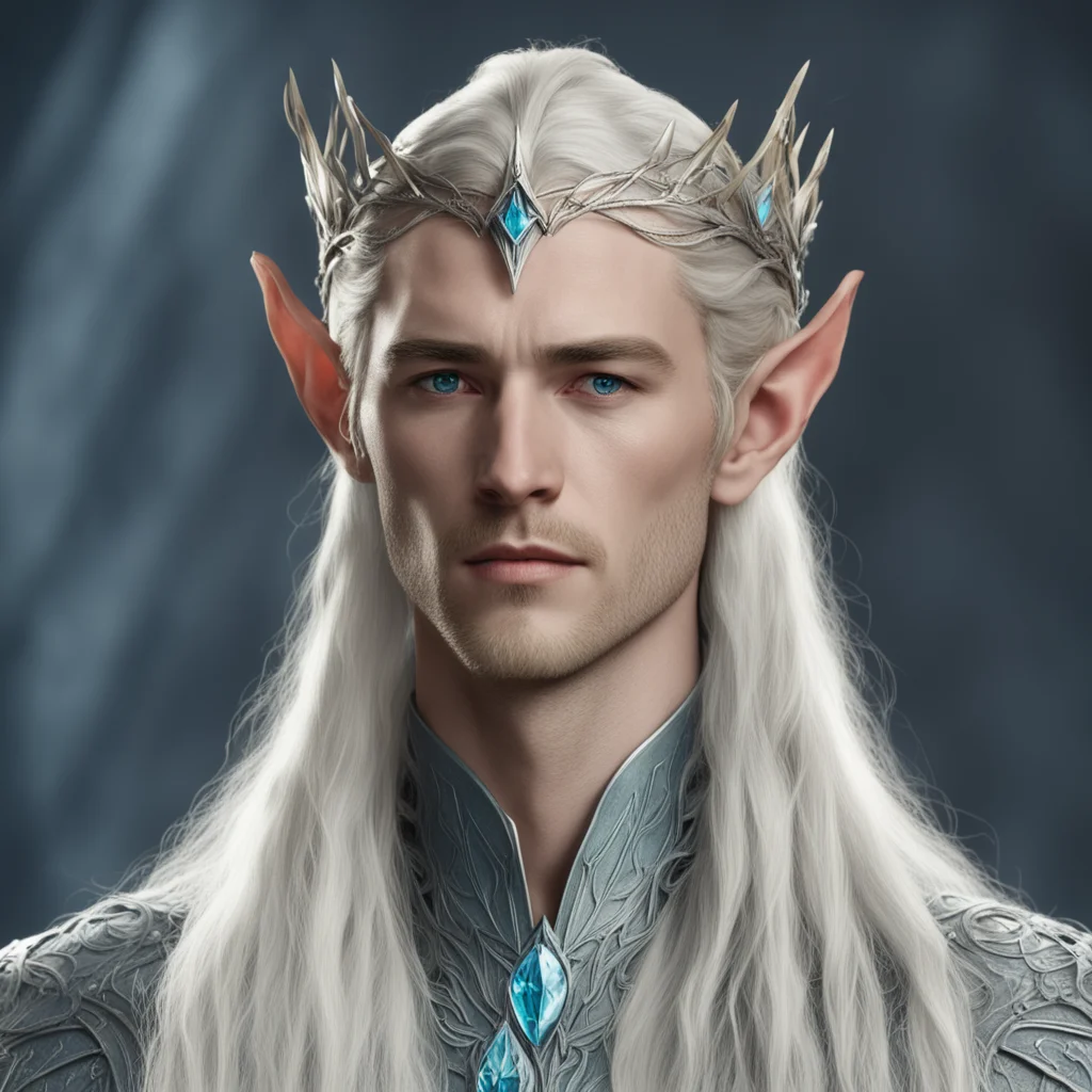 king thranduil with blond hair and braids wearing small silver elvish circlet with center bluish diamond
