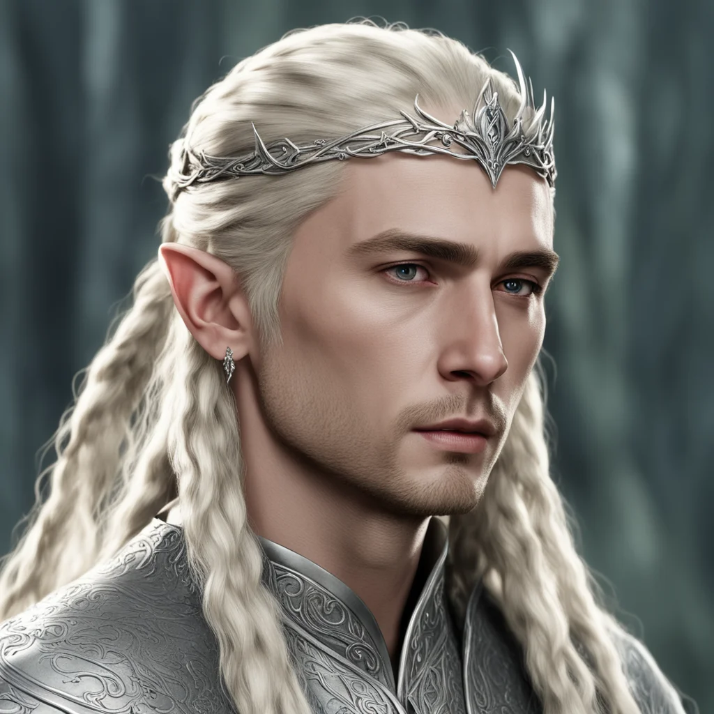 aiking thranduil with blond hair and braids wearing small silver elvish circlet with center diamond 