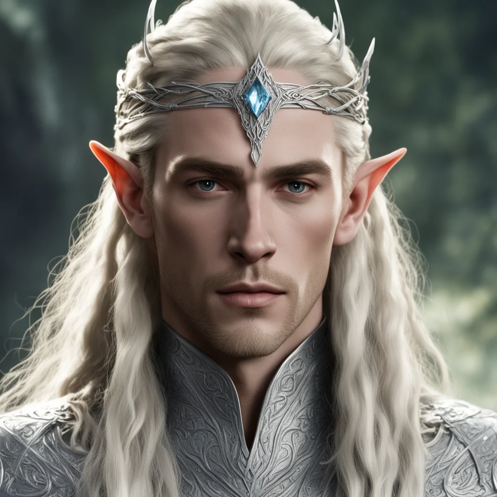 aiking thranduil with blond hair and braids wearing small silver elvish circlet with large center diamond  good looking trending fantastic 1