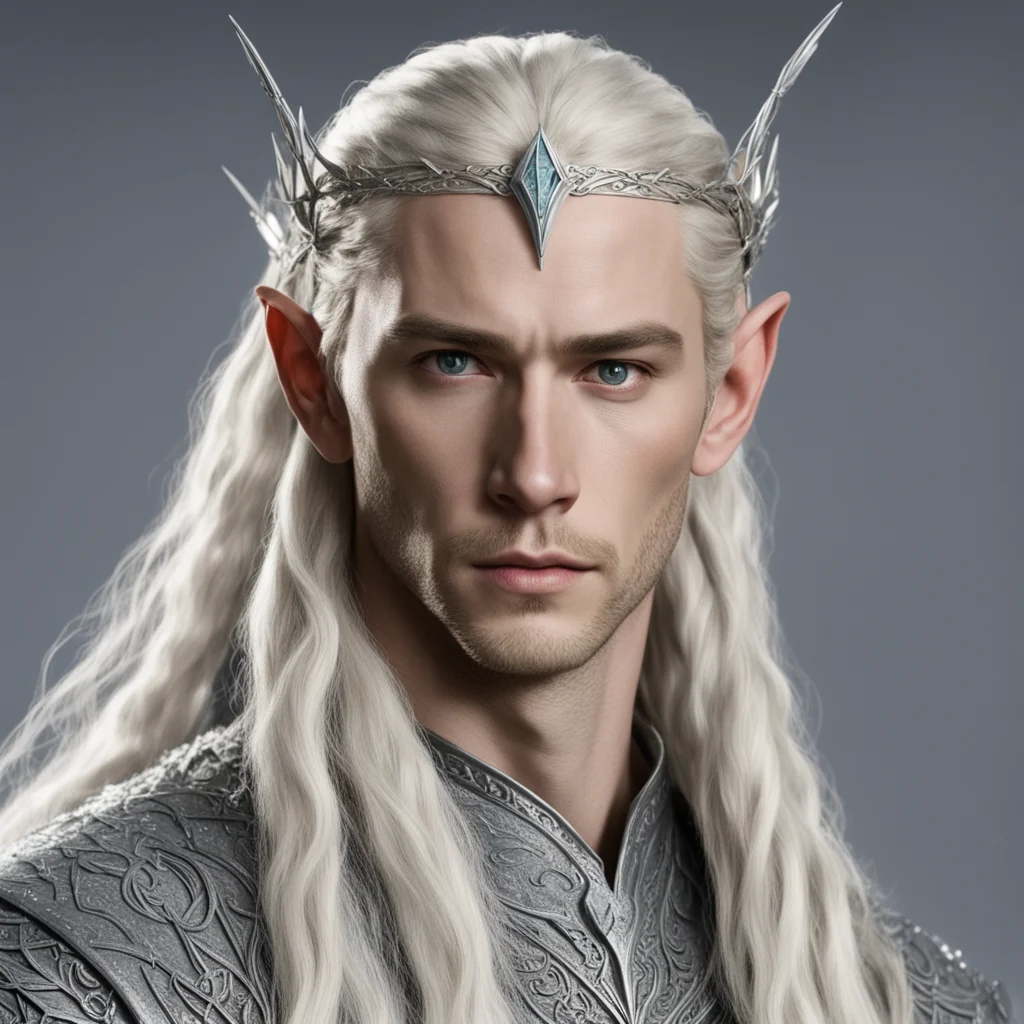 aiking thranduil with blond hair and braids wearing small silver elvish circlet with large center diamond confident engaging wow artstation art 3