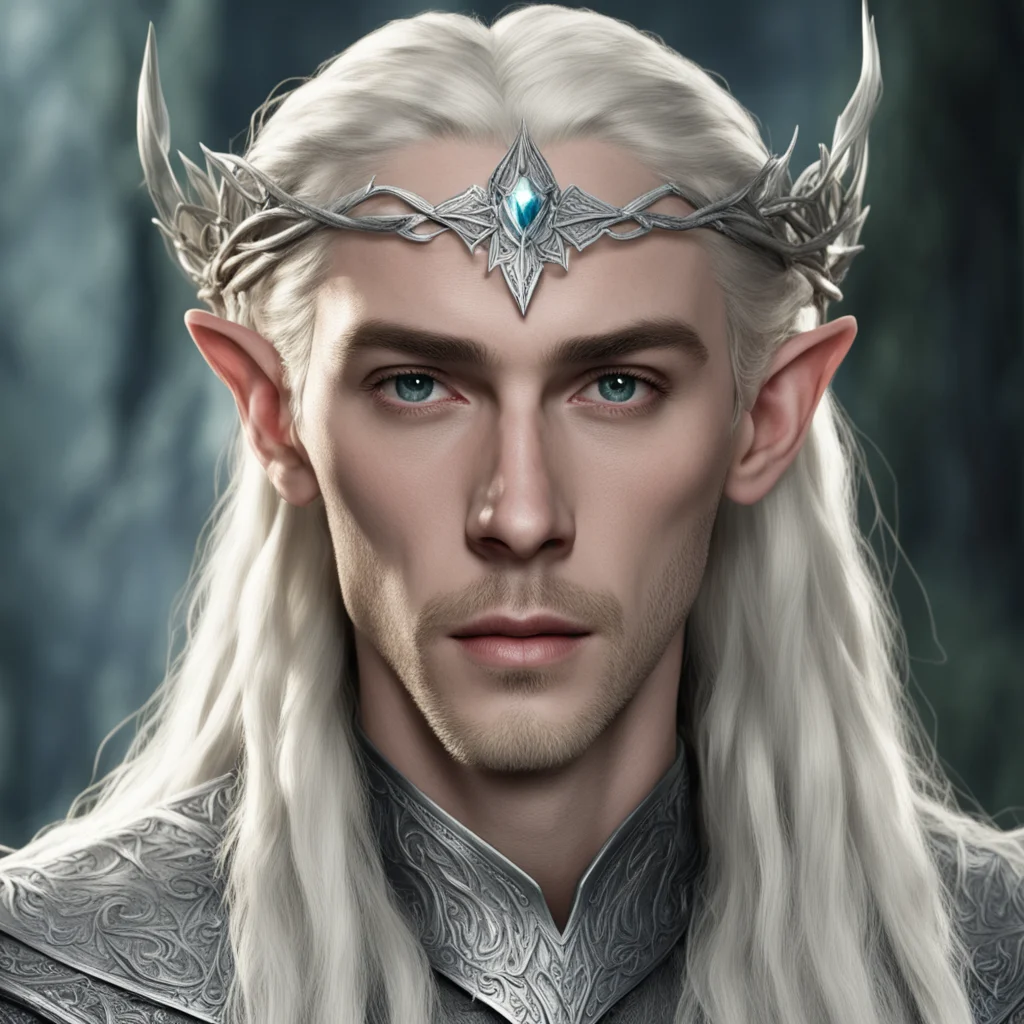 king thranduil with blond hair and braids wearing small silver elvish circlet with large center diamond