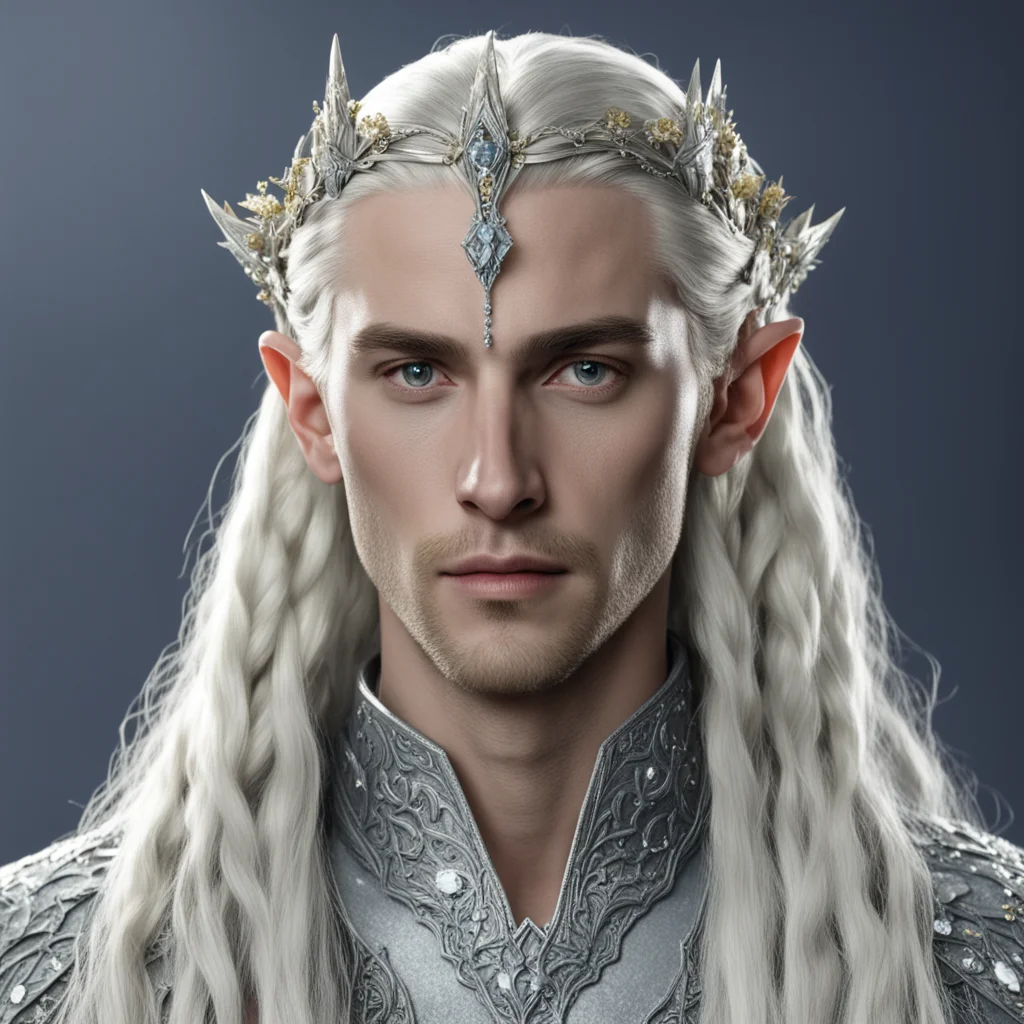 aiking thranduil with blond hair and braids wearing small silver flowers encrusted with diamonds in serpentine style to form a silver sindarin elvish circlet with large center diamond