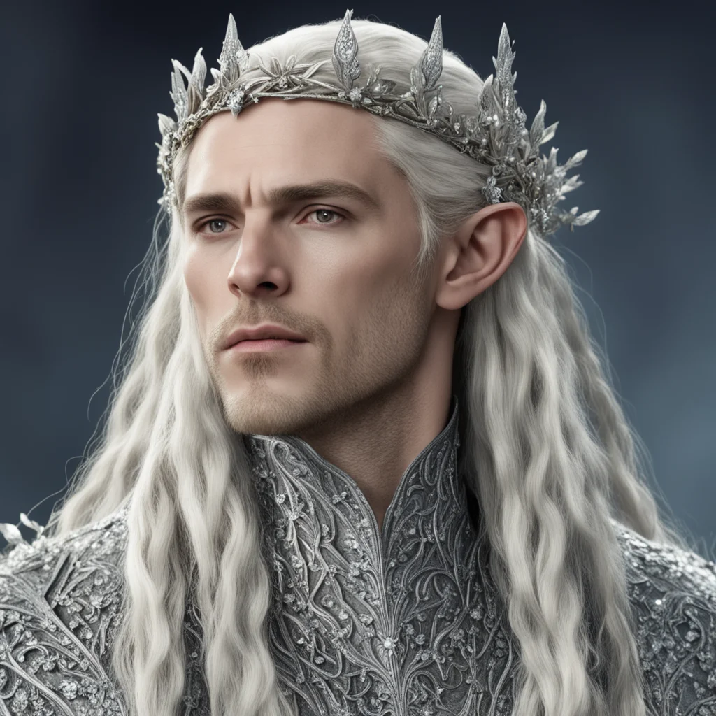 king thranduil with blond hair and braids wearing small silver flowers encrusted with diamonds in serpentine style to form a silver sindarin elvish coronet with large center diamond