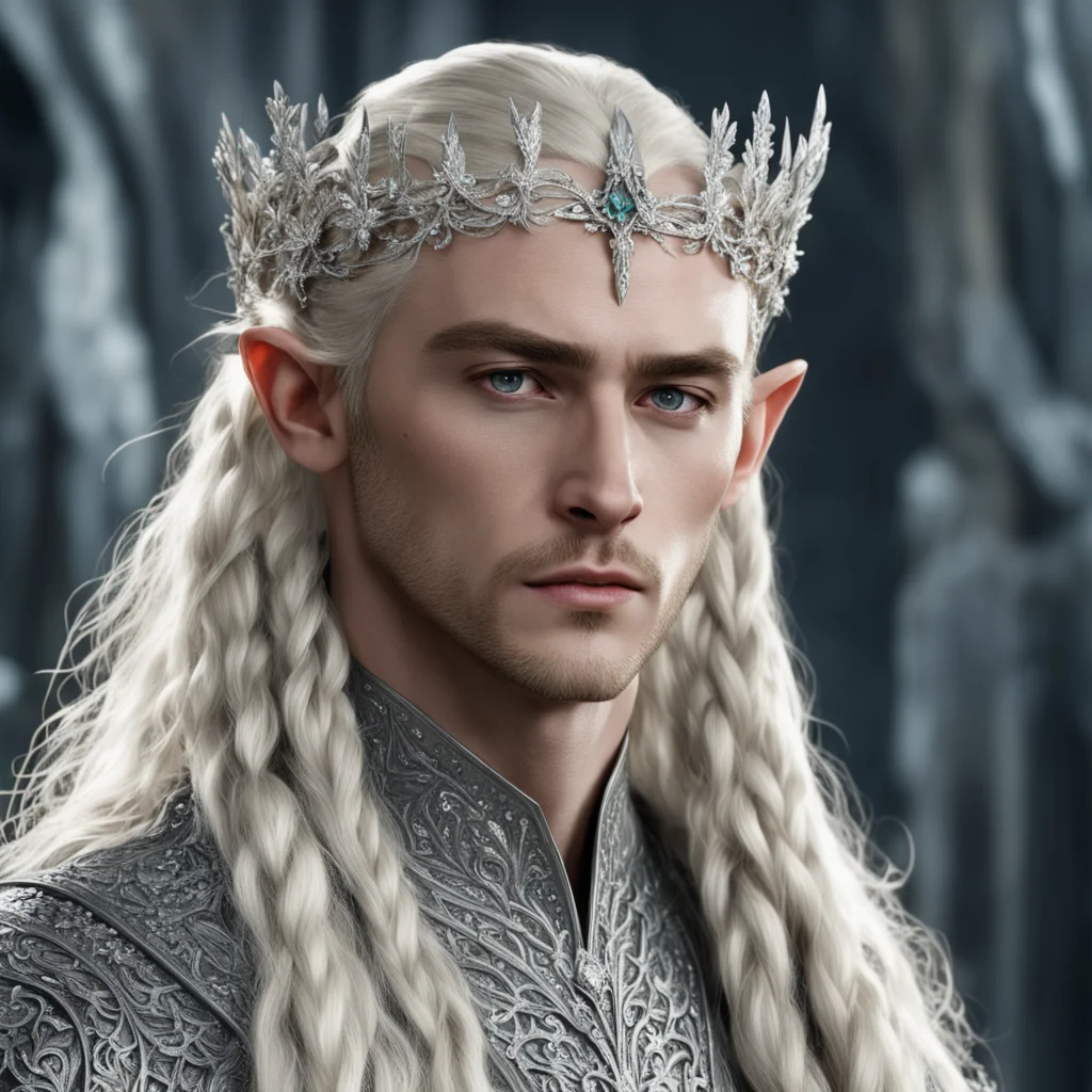 aiking thranduil with blond hair and braids wearing small silver flowers encrusted with diamonds to form a small silver elvish circlet with large center diamond amazing awesome portrait 2
