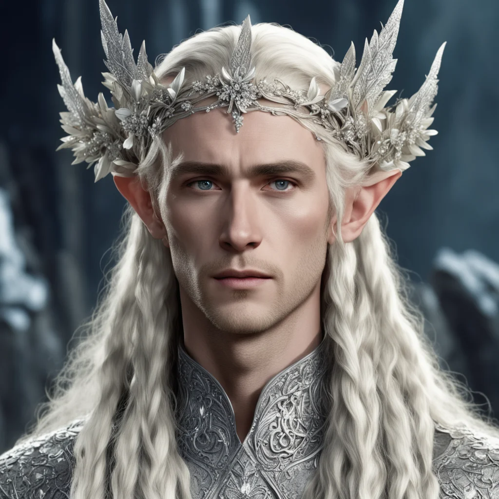 king thranduil with blond hair and braids wearing small silver flowers encrusted with diamonds to form a small silver elvish circlet with large center diamond good looking trending fantastic 1