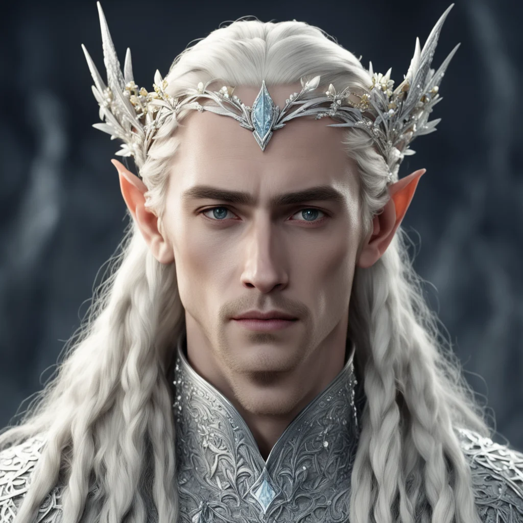king thranduil with blond hair and braids wearing small silver flowers encrusted with diamonds to form a small silver elvish circlet with large center diamond