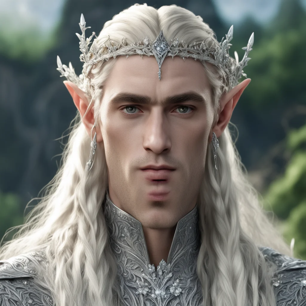 aiking thranduil with blond hair and braids wearing small silver flowers encrusted with diamonds to form small silver elvish circlet with large center diamond  amazing awesome portrait 2