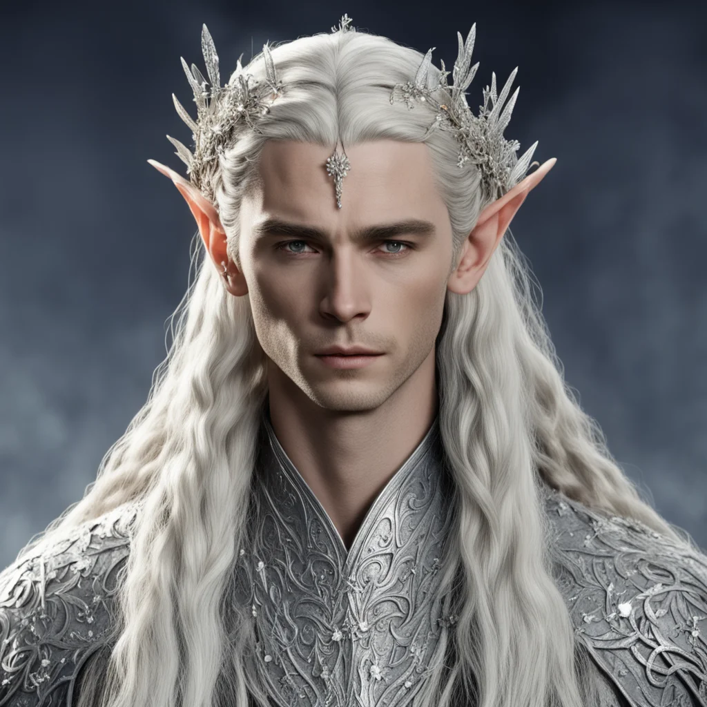aiking thranduil with blond hair and braids wearing small silver flowers encrusted with diamonds to form small silver elvish circlet with large center diamond  good looking trending fantastic 1