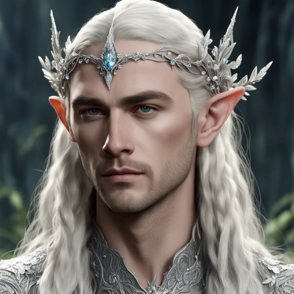 king thranduil with blond hair and braids wearing small silver flowers encrusted with diamonds to form small silver elvish circlet with large center diamond 