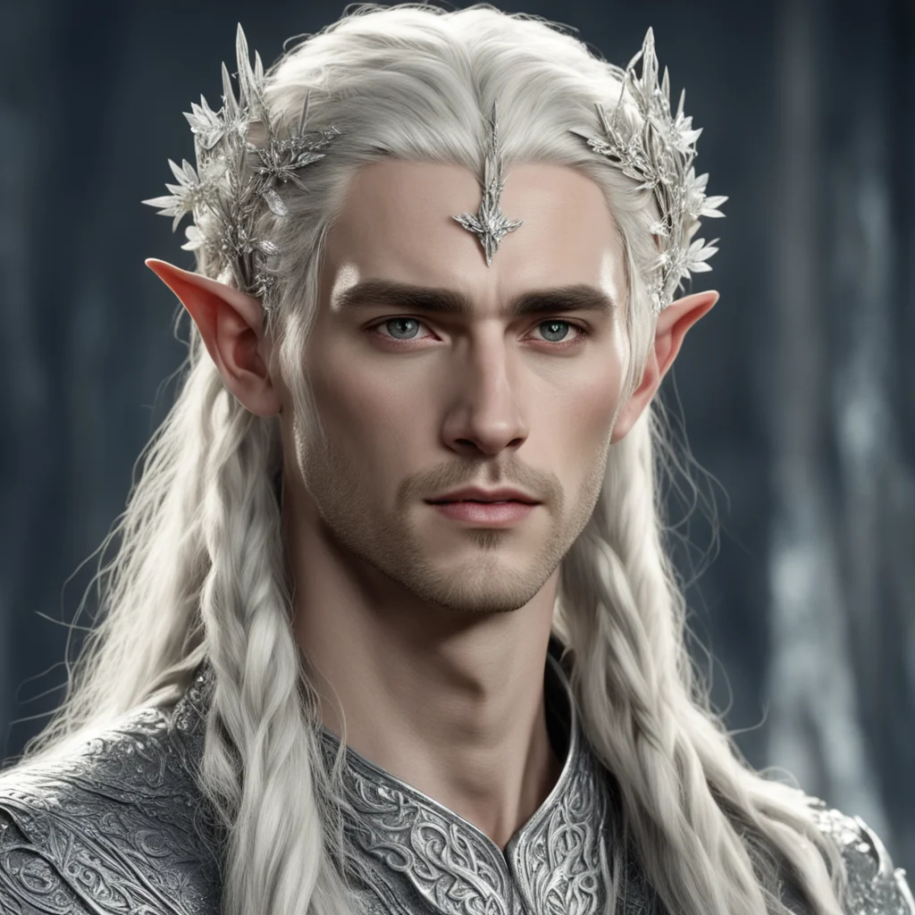 aiking thranduil with blond hair and braids wearing small silver flowers encrusted with diamonds to form small silver elvish circlet with large center diamond amazing awesome portrait 2