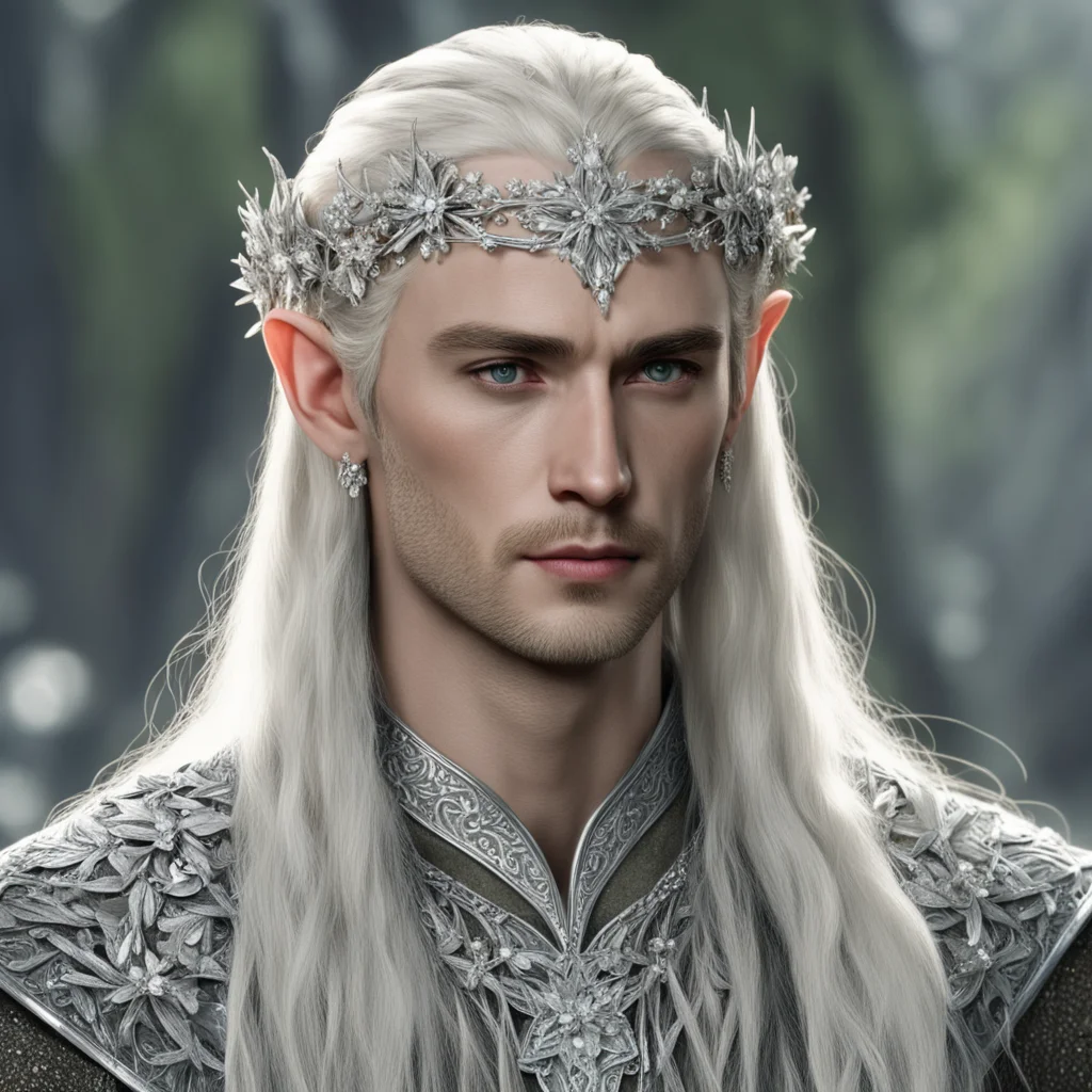 king thranduil with blond hair and braids wearing small silver flowers encrusted with diamonds to form small silver elvish circlet with large center diamond good looking trending fantastic 1