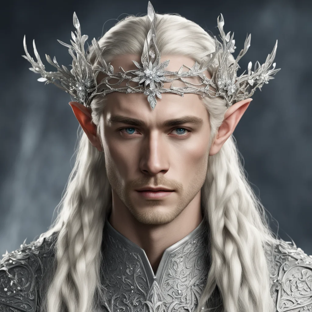 aiking thranduil with blond hair and braids wearing small silver flowers encrusted with diamonds to form small silver elvish circlet with large center diamond