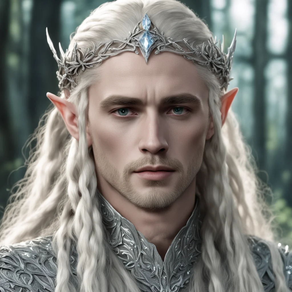 king thranduil with blond hair and braids wearing small silver ivy leaves encrusted with diamonds to form a small silver elvish circlet with large center diamond amazing awesome portrait 2