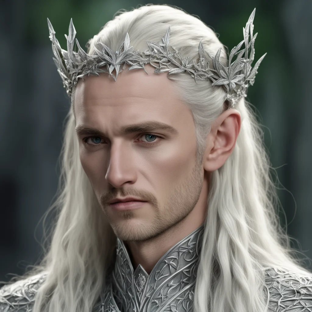 king thranduil with blond hair and braids wearing small silver ivy leaves encrusted with diamonds to form a small silver elvish circlet with large center diamond confident engaging wow artstation ar