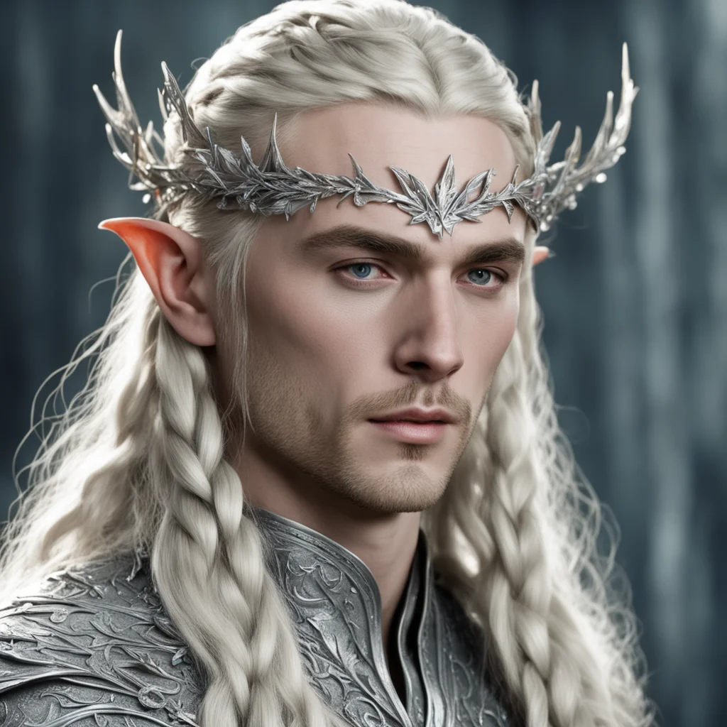 aiking thranduil with blond hair and braids wearing small silver ivy leaves encrusted with diamonds to form a small silver elvish circlet with large center diamond