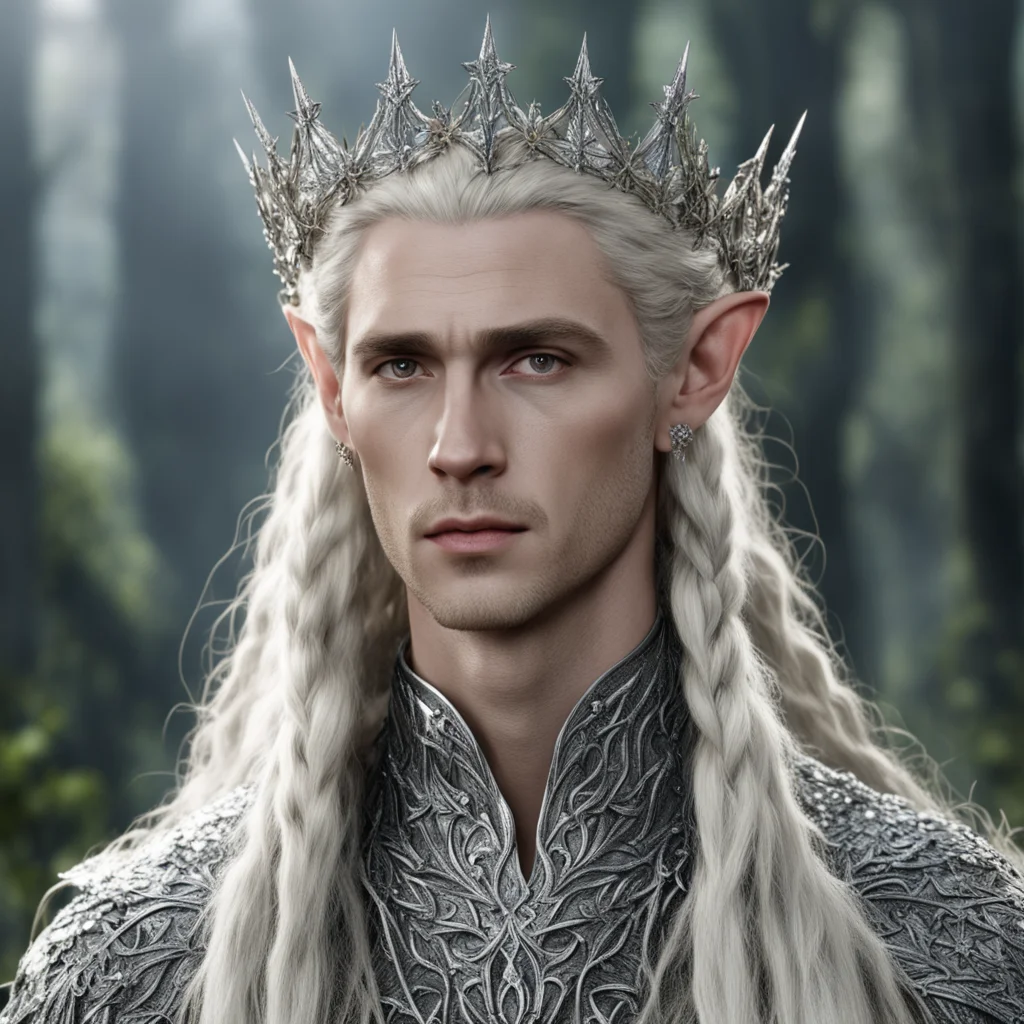aiking thranduil with blond hair and braids wearing small silver ivy leaves encrusted with diamonds to form a small silver elvish coronet with large center diamond amazing awesome portrait 2