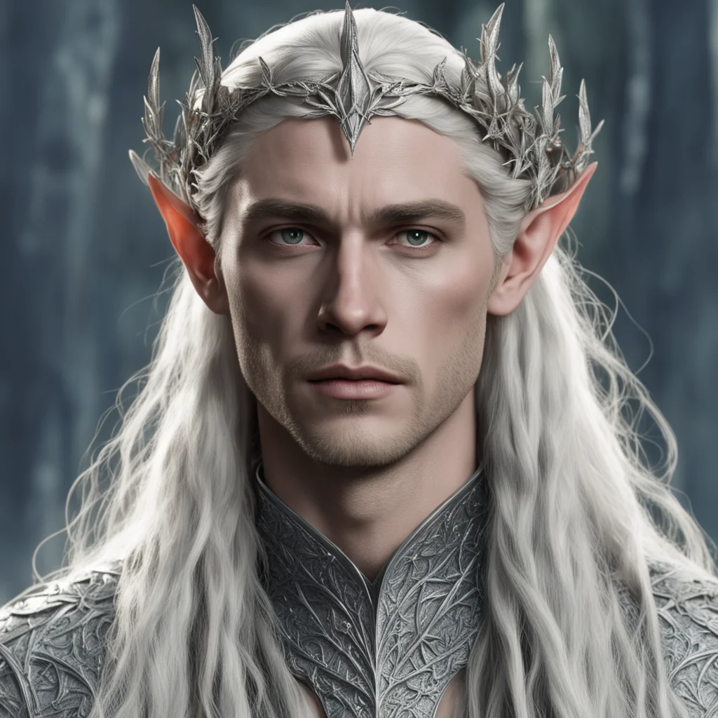 king thranduil with blond hair and braids wearing small silver ivy leaves encrusted with diamonds to form a small silver elvish coronet with large center diamond confident engaging wow artstation ar