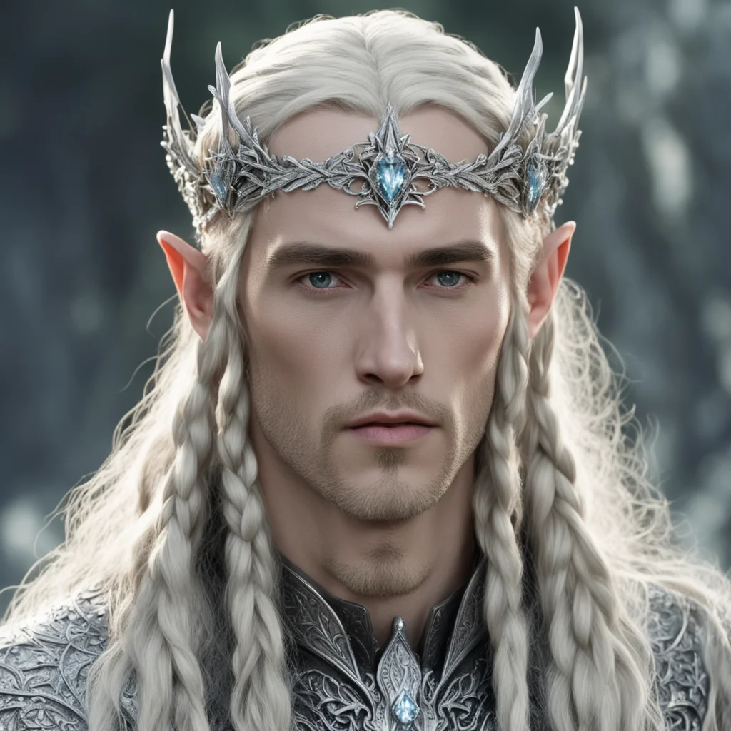 king thranduil with blond hair and braids wearing small silver ivy leaves encrusted with diamonds to form a small silver elvish coronet with large center diamond good looking trending fantastic 1.we