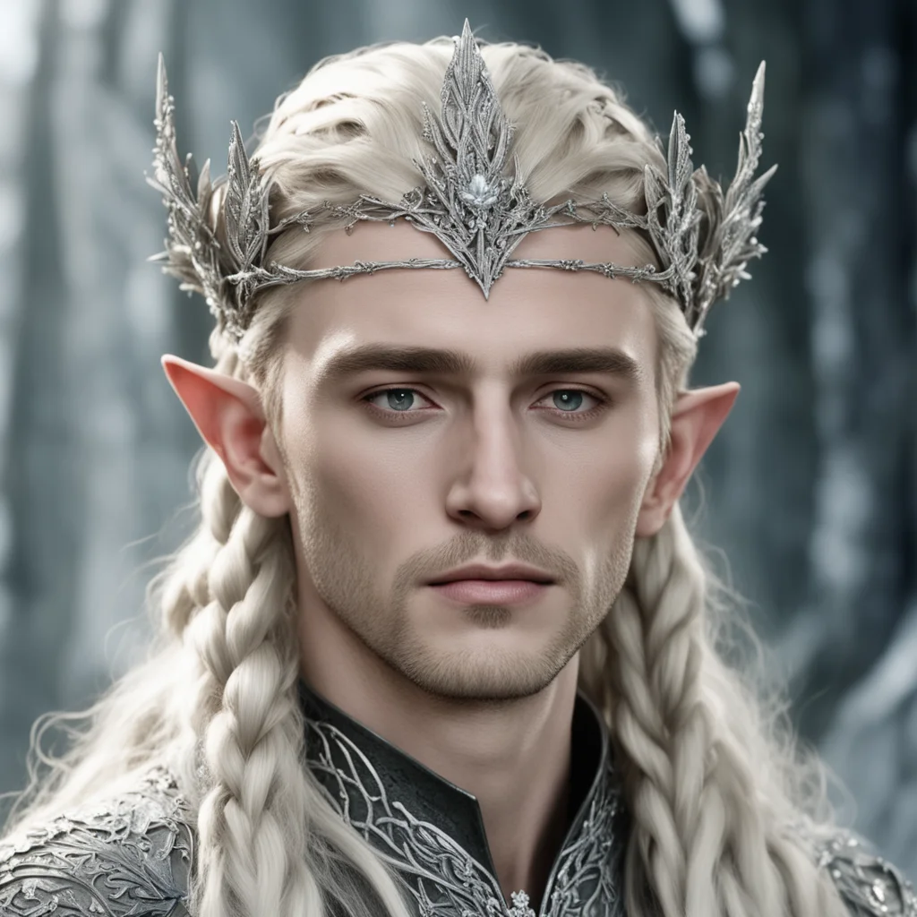 aiking thranduil with blond hair and braids wearing small silver ivy leaves encrusted with diamonds to form a small silver elvish coronet with large center diamond