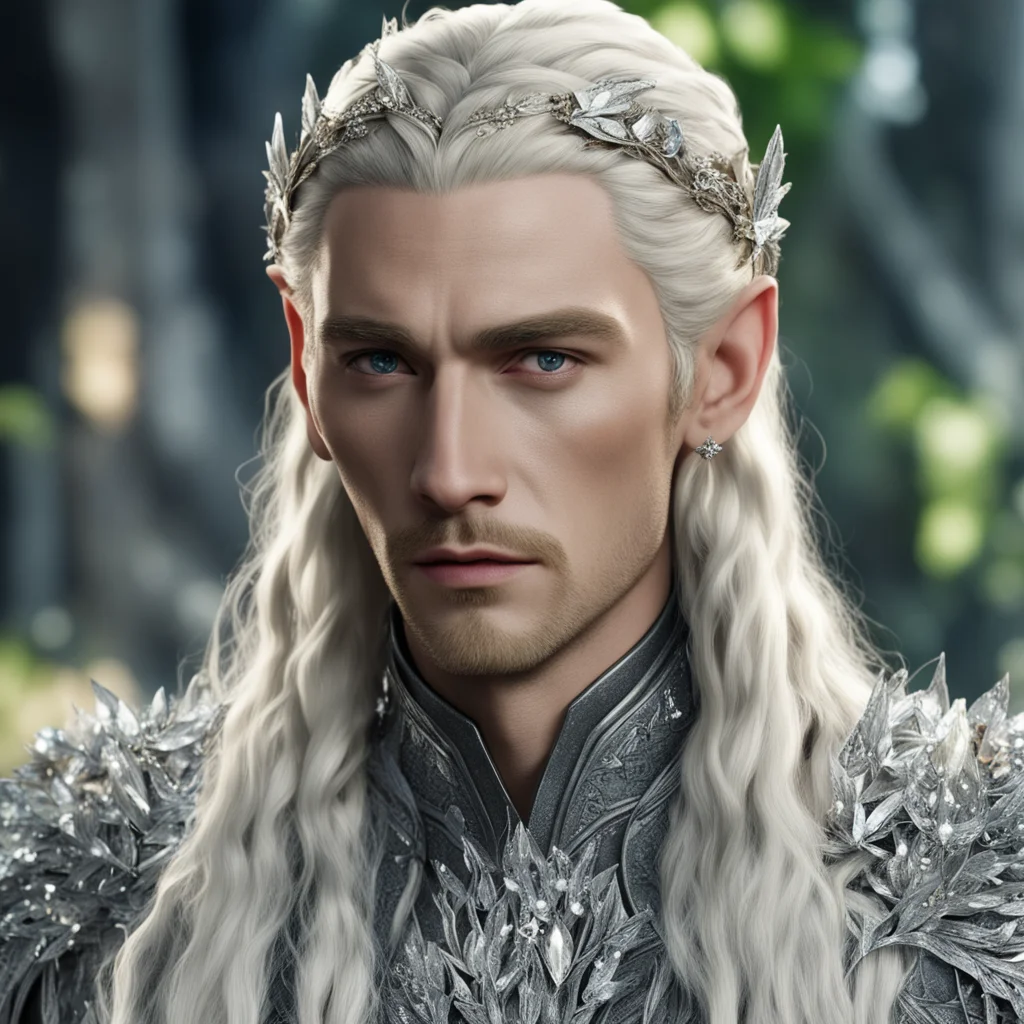 aiking thranduil with blond hair and braids wearing small silver leaves encrusted with diamonds and clusters of diamonds with center diamond cluster  amazing awesome portrait 2