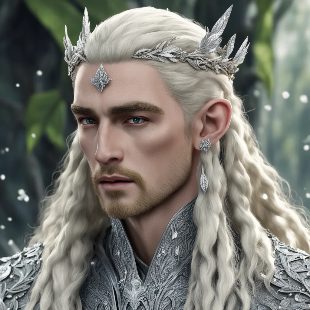 aiking thranduil with blond hair and braids wearing small silver leaves encrusted with diamonds and clusters of diamonds with center diamond cluster  good looking trending fantastic 1