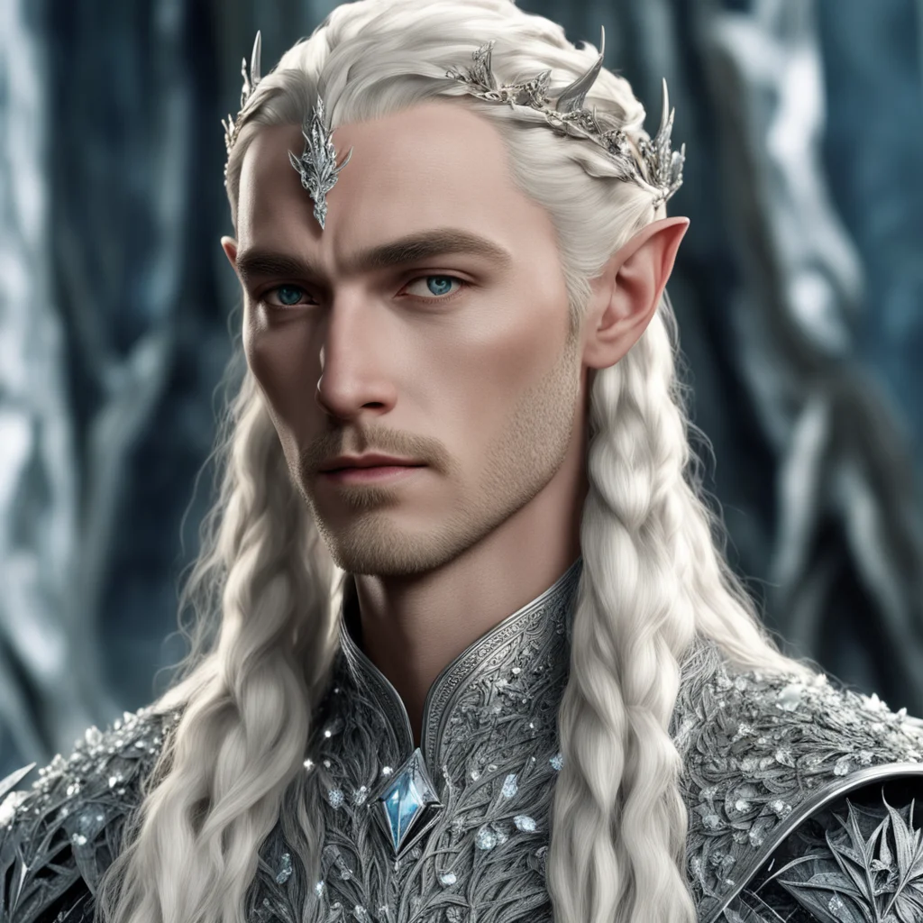 king thranduil with blond hair and braids wearing small silver leaves encrusted with diamonds and clusters of diamonds with center diamond cluster 