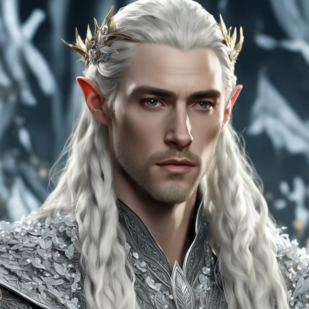 aiking thranduil with blond hair and braids wearing small silver leaves encrusted with diamonds and clusters of diamonds with center diamond cluster good looking trending fantastic 1