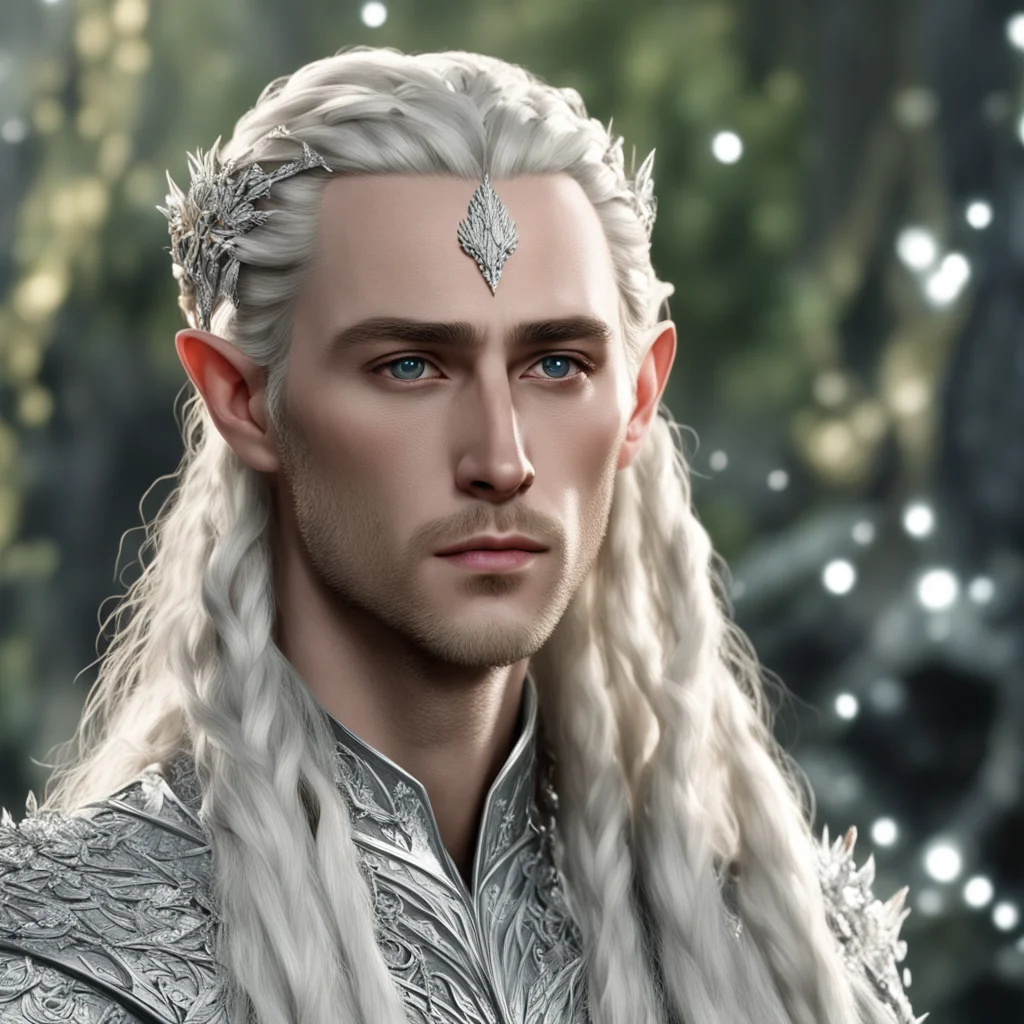 king thranduil with blond hair and braids wearing small silver leaves encrusted with diamonds and clusters of diamonds with center diamond cluster