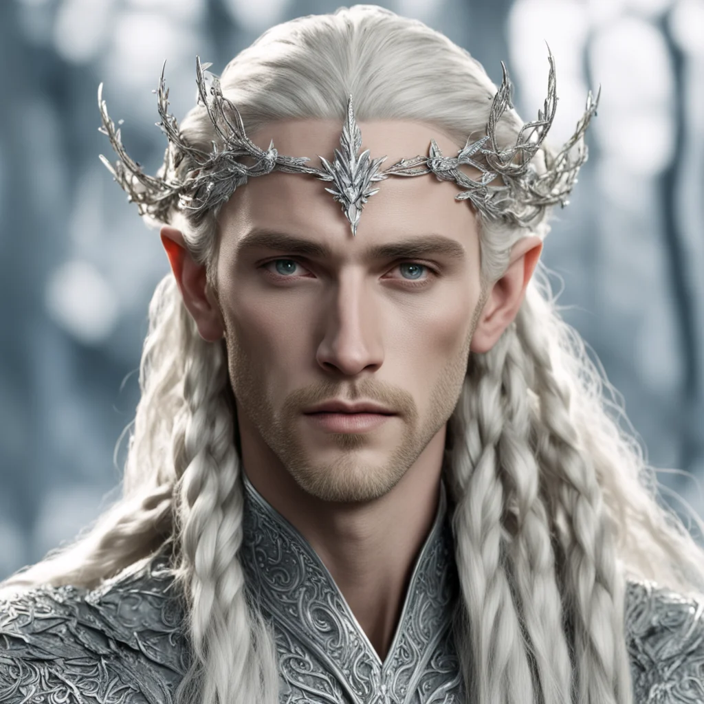 king thranduil with blond hair and braids wearing small silver leaves encrusted with diamonds intertwined to form a silver serpentine elvish circlet with large center diamond amazing awesome portrai