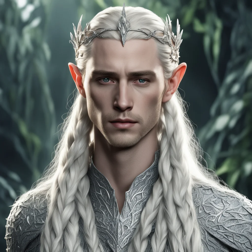 king thranduil with blond hair and braids wearing small silver leaves encrusted with diamonds intertwined to form a silver serpentine elvish circlet with large center diamond confident engaging wow 