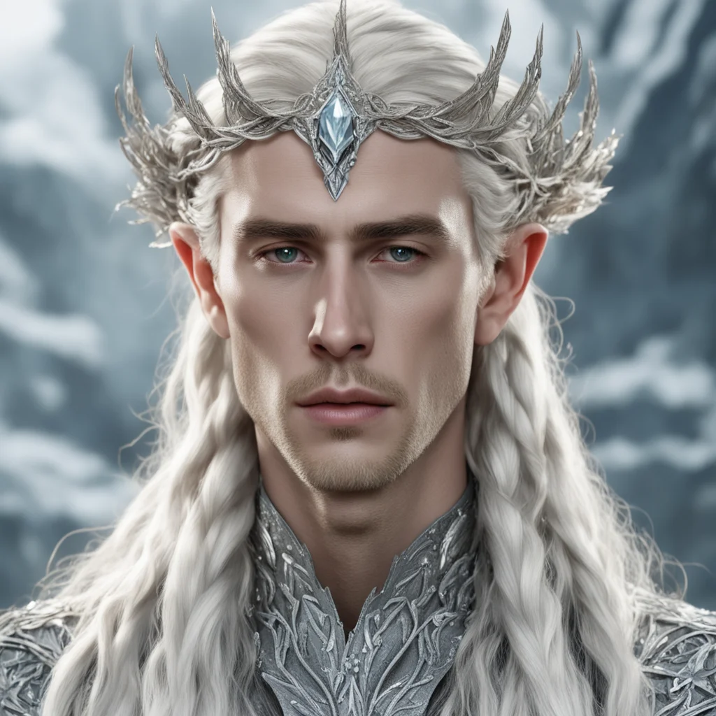 aiking thranduil with blond hair and braids wearing small silver leaves encrusted with diamonds intertwined to form a silver serpentine elvish circlet with large center diamond