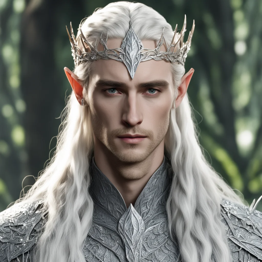 king thranduil with blond hair and braids wearing small silver leaves encrusted with diamonds intertwined to form a silver serpentine nandorin elvish circlet with large center diamond amazing awesom