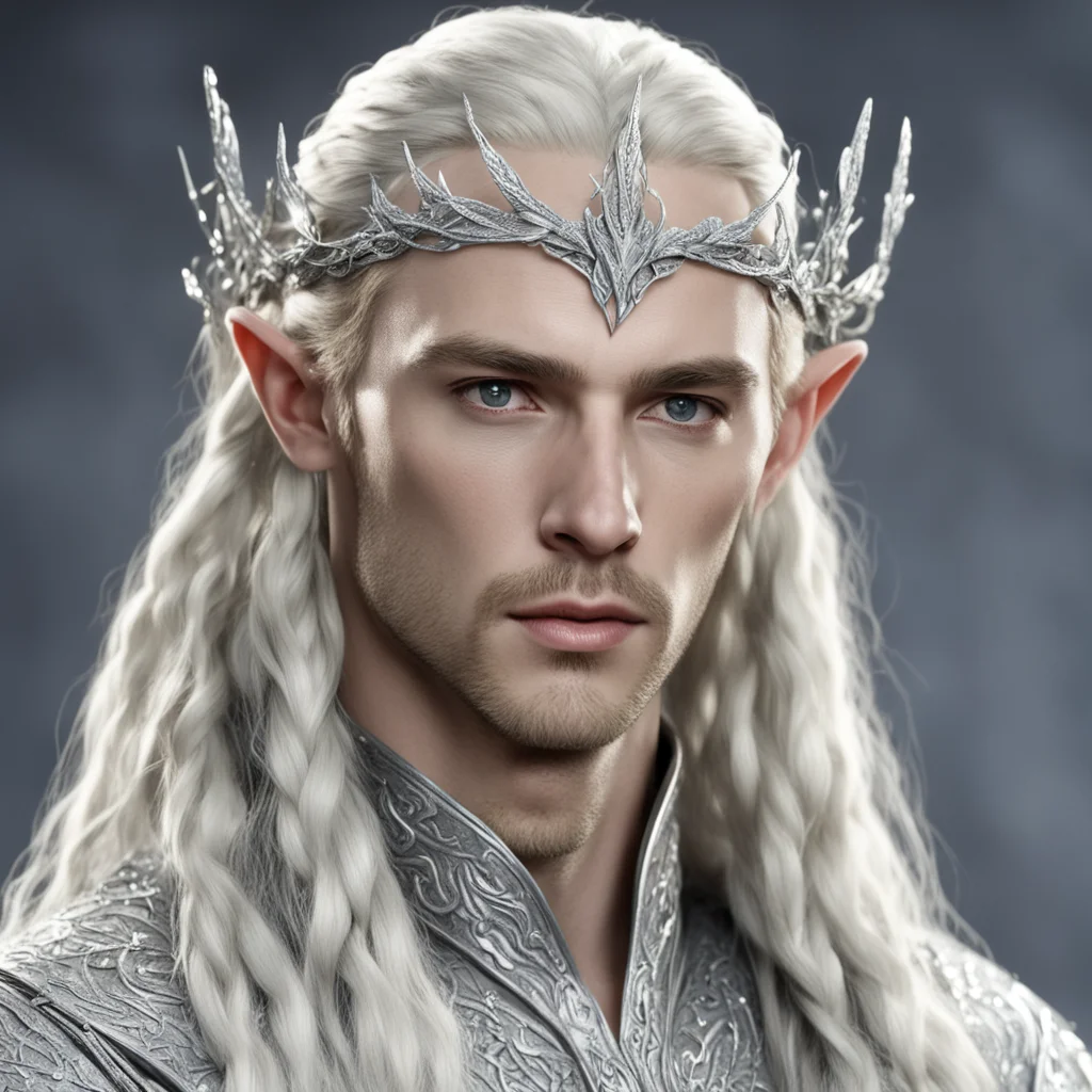 king thranduil with blond hair and braids wearing small silver leaves encrusted with diamonds intertwined to form a silver serpentine nandorin elvish circlet with large center diamond confident enga