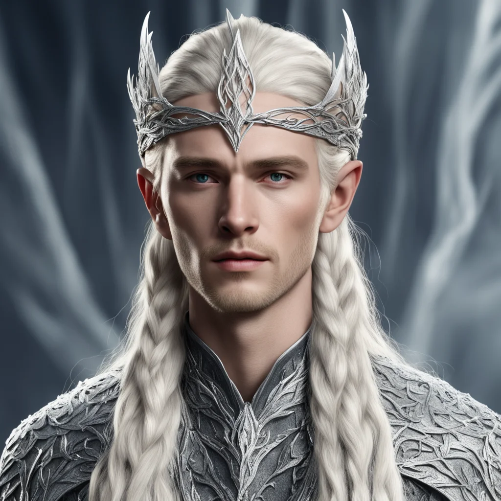 king thranduil with blond hair and braids wearing small silver leaves encrusted with diamonds intertwined to form a silver serpentine nandorin elvish circlet with large center diamond good looking t