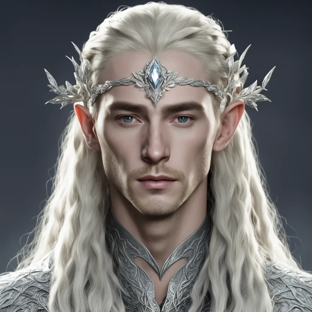 aiking thranduil with blond hair and braids wearing small silver leaves encrusted with diamonds intertwined to form a silver serpentine nandorin elvish circlet with large center diamond