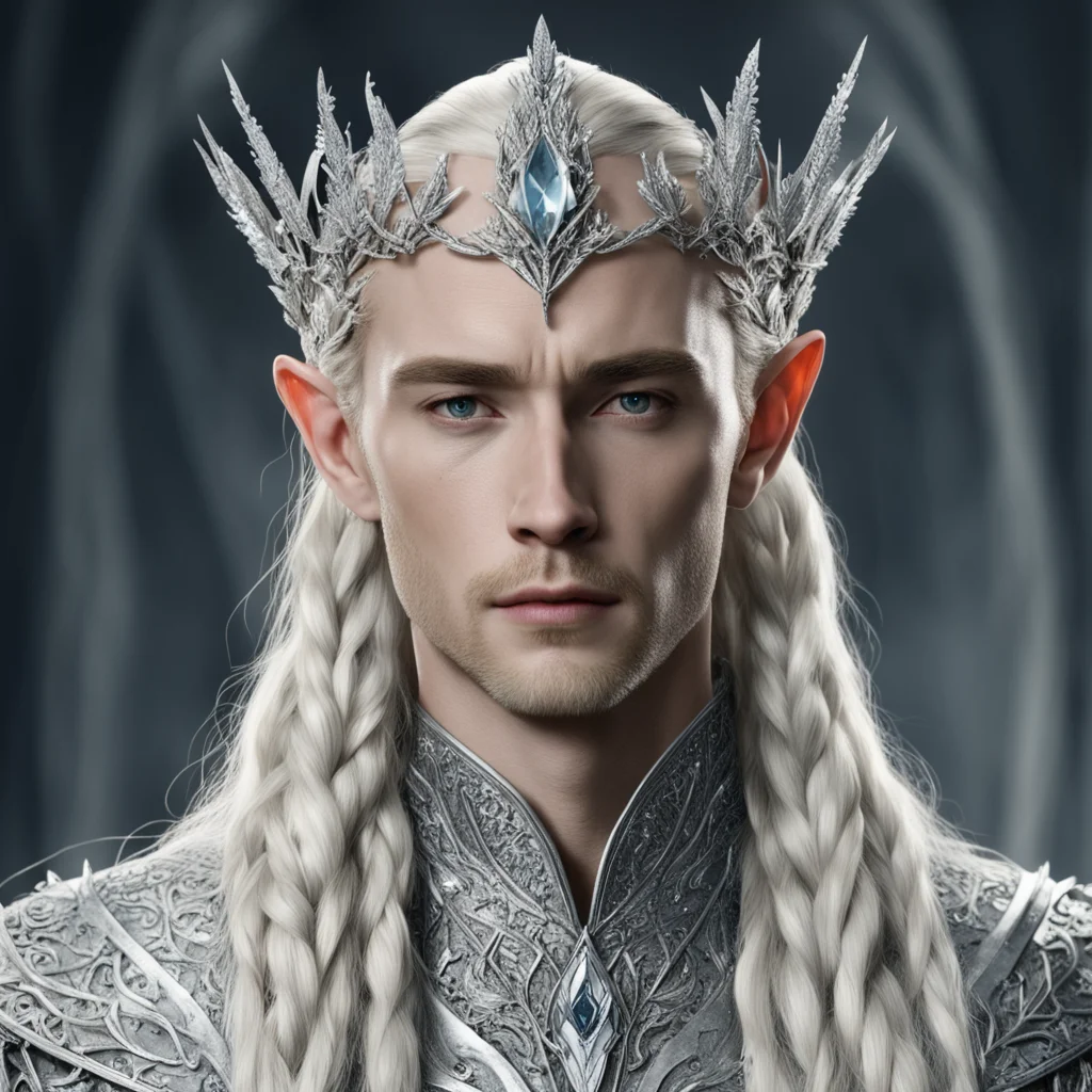 king thranduil with blond hair and braids wearing small silver leaves encrusted with diamonds intertwined to form a small silver elvish coronet with center large diamond confident engaging wow artst
