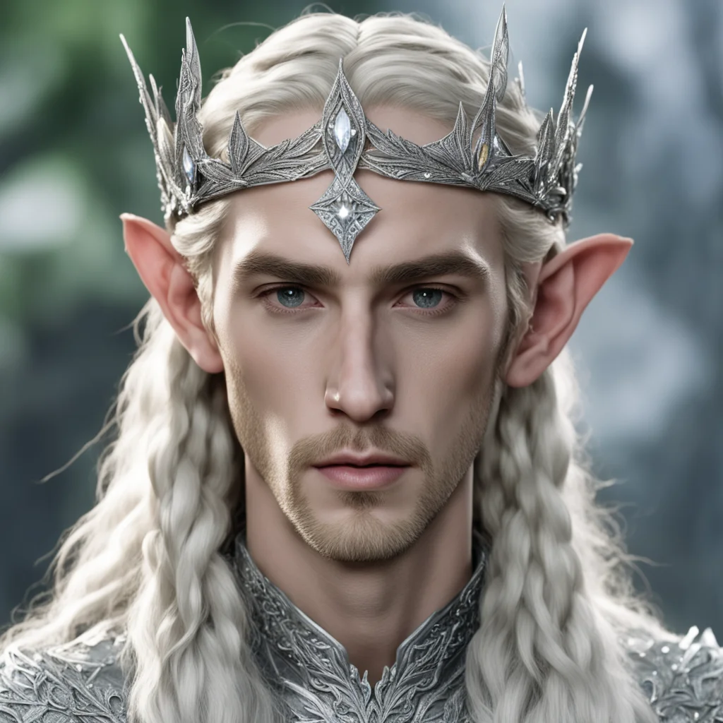 aiking thranduil with blond hair and braids wearing small silver leaves encrusted with diamonds intertwined to form a small silver elvish coronet with center large diamond