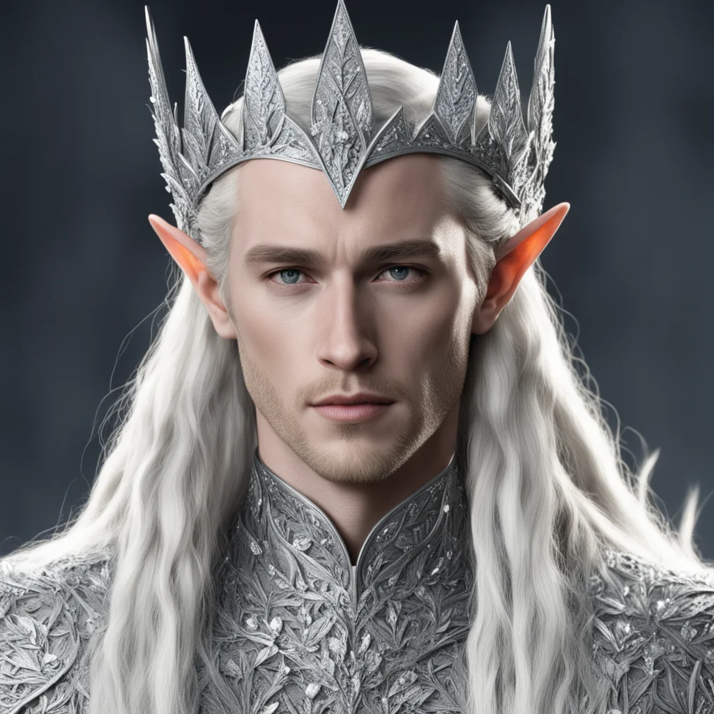 king thranduil with blond hair and braids wearing small silver leaves encrusted with large diamonds and small silver flowers encrusted with large diamonds to form a silver elvish coronet with large 