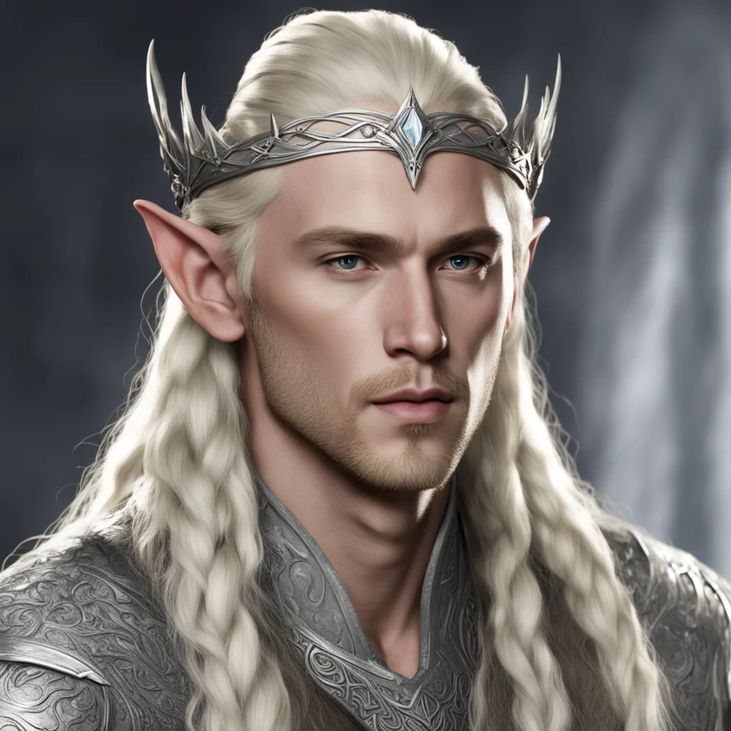 king thranduil with blond hair and braids wearing small silver nandorin circlet with large center diamond 