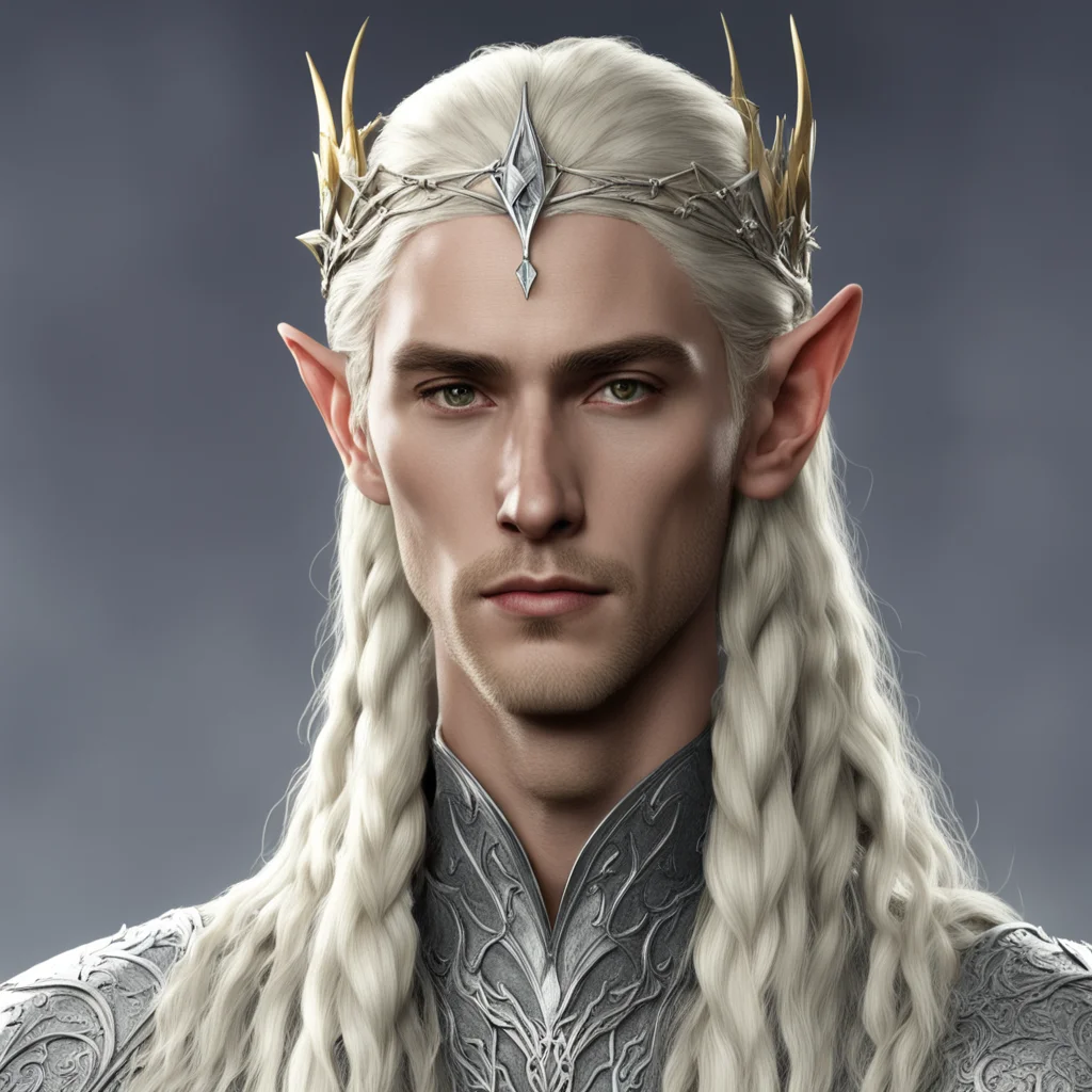 aiking thranduil with blond hair and braids wearing small silver nandorin elvish circlet with large center diamond  good looking trending fantastic 1