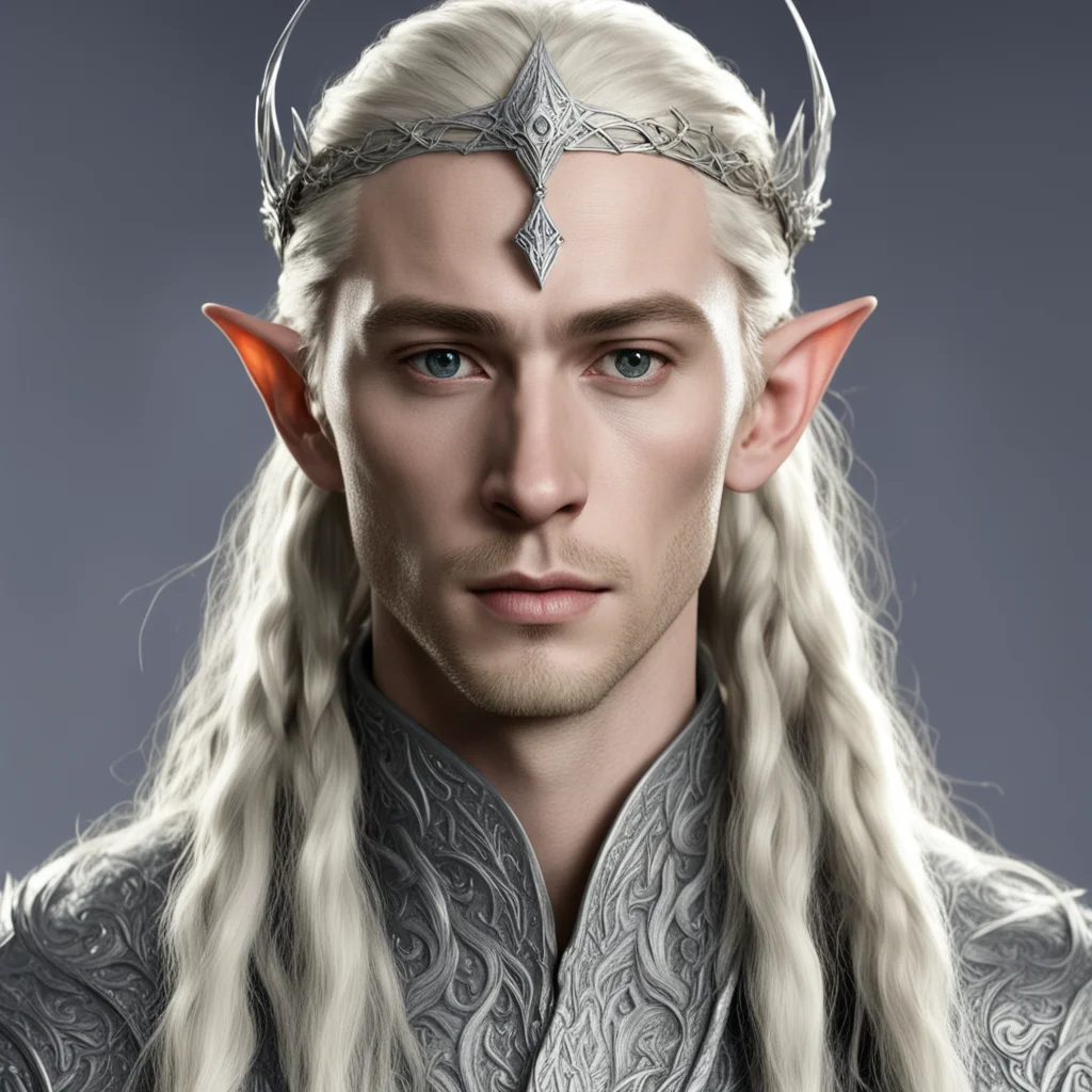king thranduil with blond hair and braids wearing small silver nandorin elvish circlet with large center diamond 