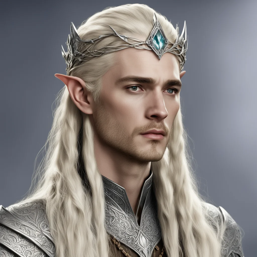 king thranduil with blond hair and braids wearing small silver nandorin elvish circlet with large center diamond amazing awesome portrait 2