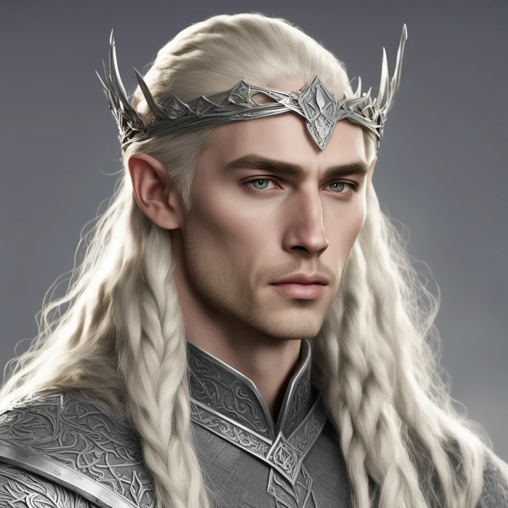 aiking thranduil with blond hair and braids wearing small silver nandorin elvish circlet with large center diamond confident engaging wow artstation art 3