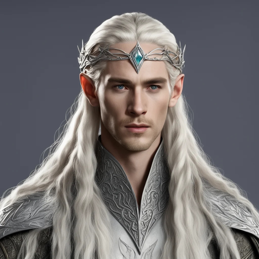 aiking thranduil with blond hair and braids wearing small silver nandorin elvish circlet with large center diamond