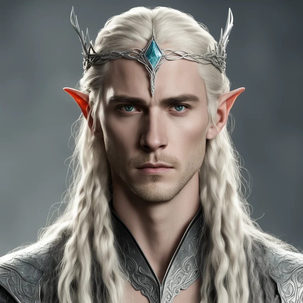 aiking thranduil with blond hair and braids wearing small silver serpentine elvish circlet with center diamond