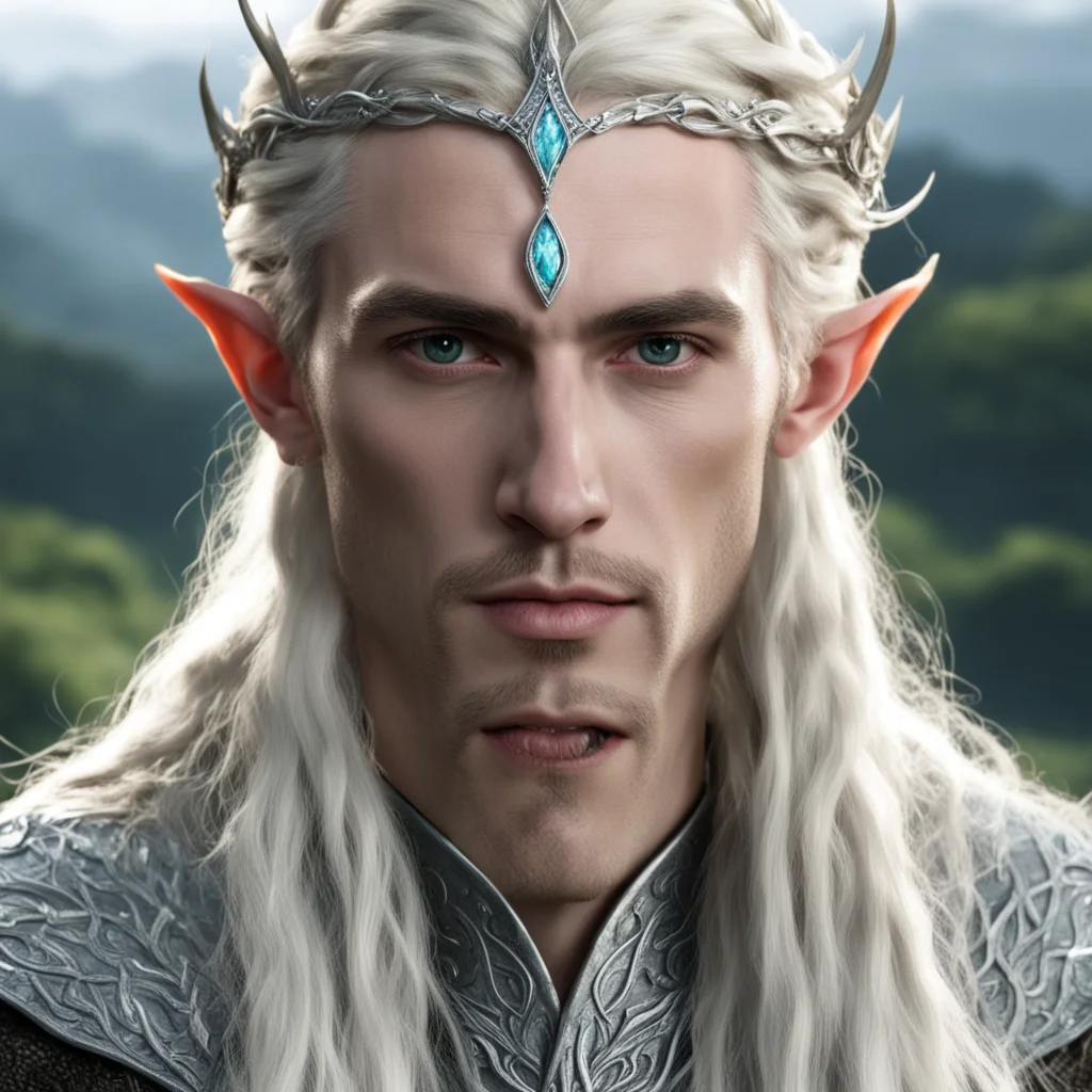 aiking thranduil with blond hair and braids wearing small silver serpentine elvish circlet with diamonds with large center diamond good looking trending fantastic 1