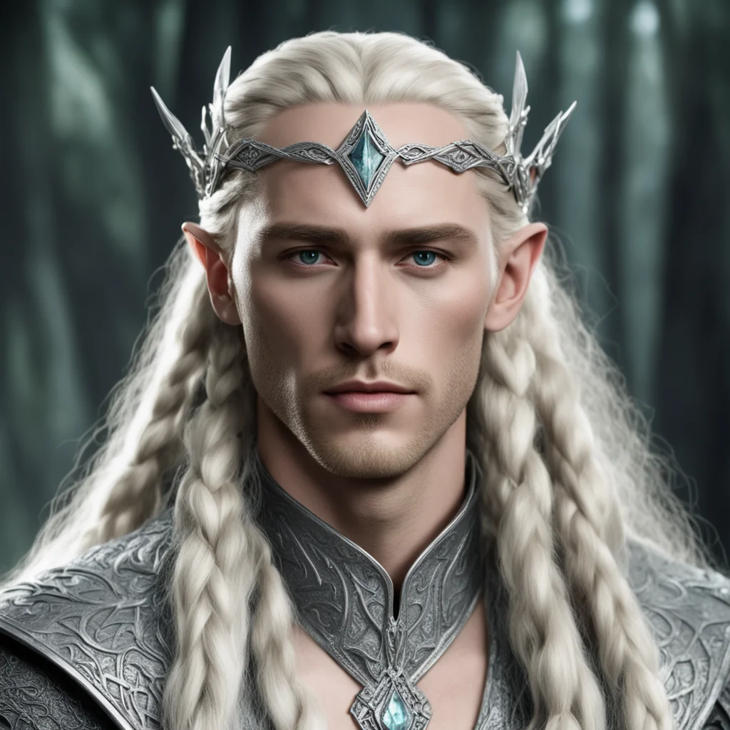 aiking thranduil with blond hair and braids wearing small silver serpentine elvish circlet with diamonds with large center diamond